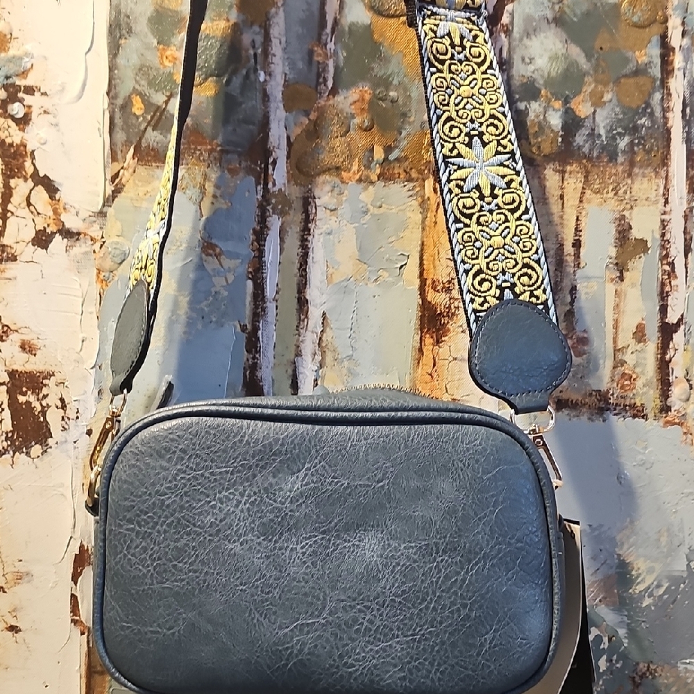 Stylish Blue Crossbody Bag with Embroidered Strap